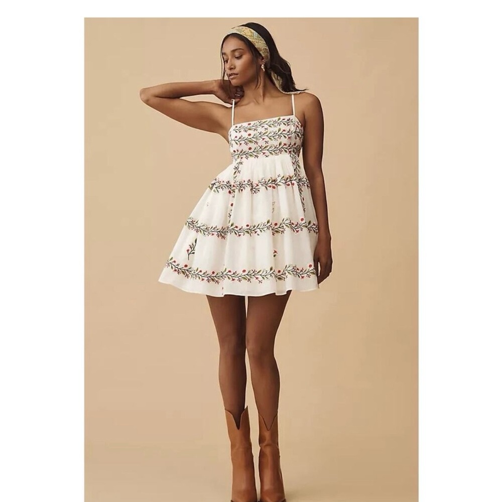 Anthropologie Floral Embroidered White Mini Dress